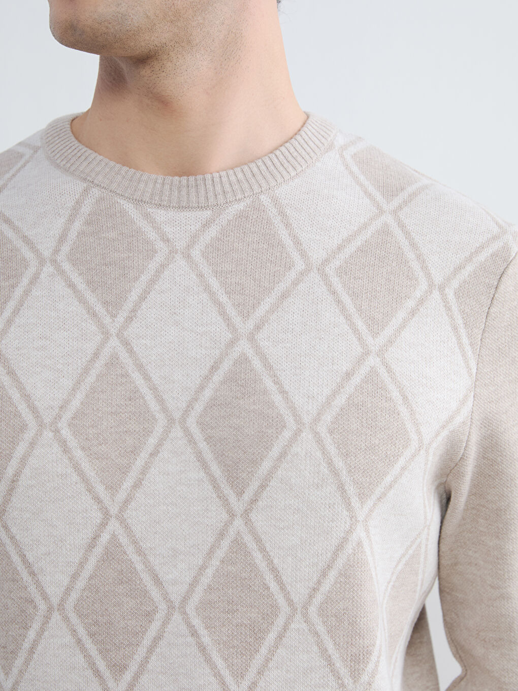 Bej Bisiklet Yaka Baklava Desenli Erkek Triko Kazak-2