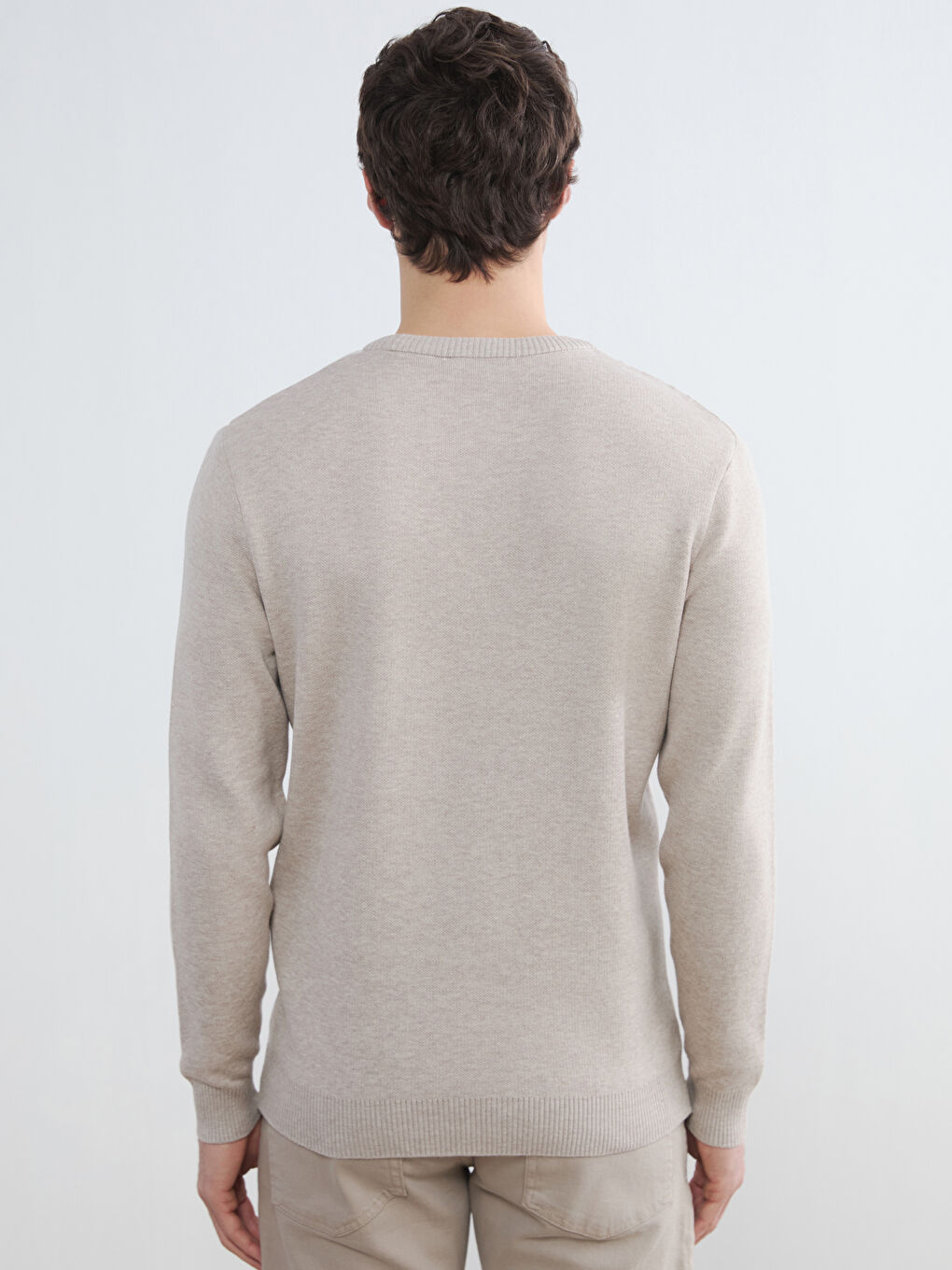 Bej Bisiklet Yaka Baklava Desenli Erkek Triko Kazak-3