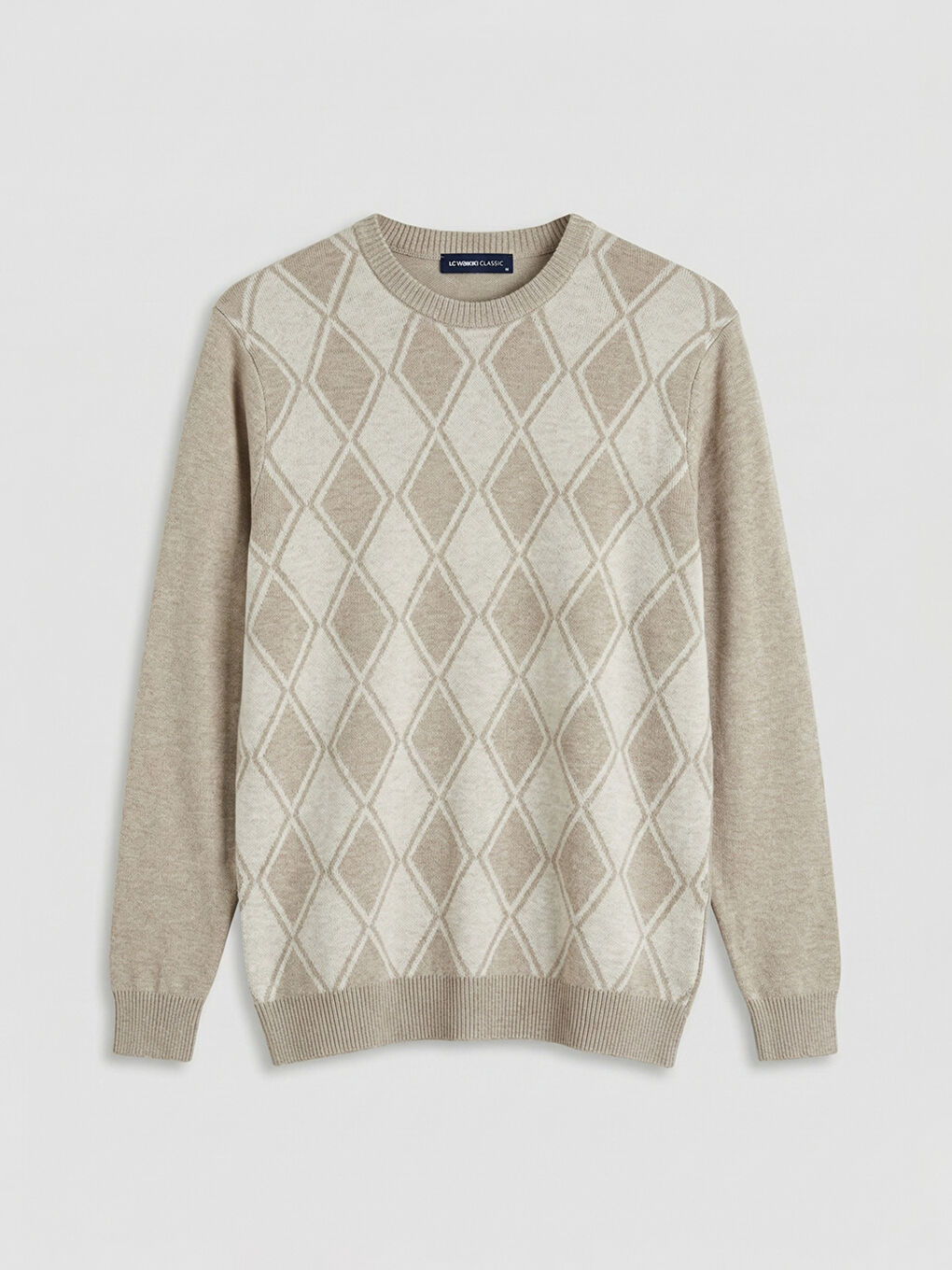 Bej Bisiklet Yaka Baklava Desenli Erkek Triko Kazak