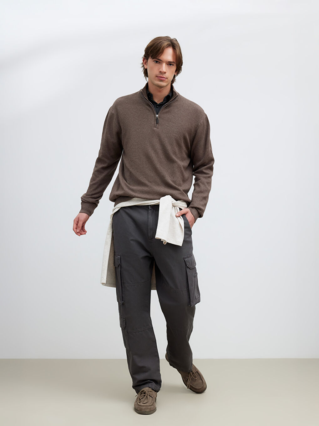 Kahverengi Dik Yaka Erkek Triko Kazak-1