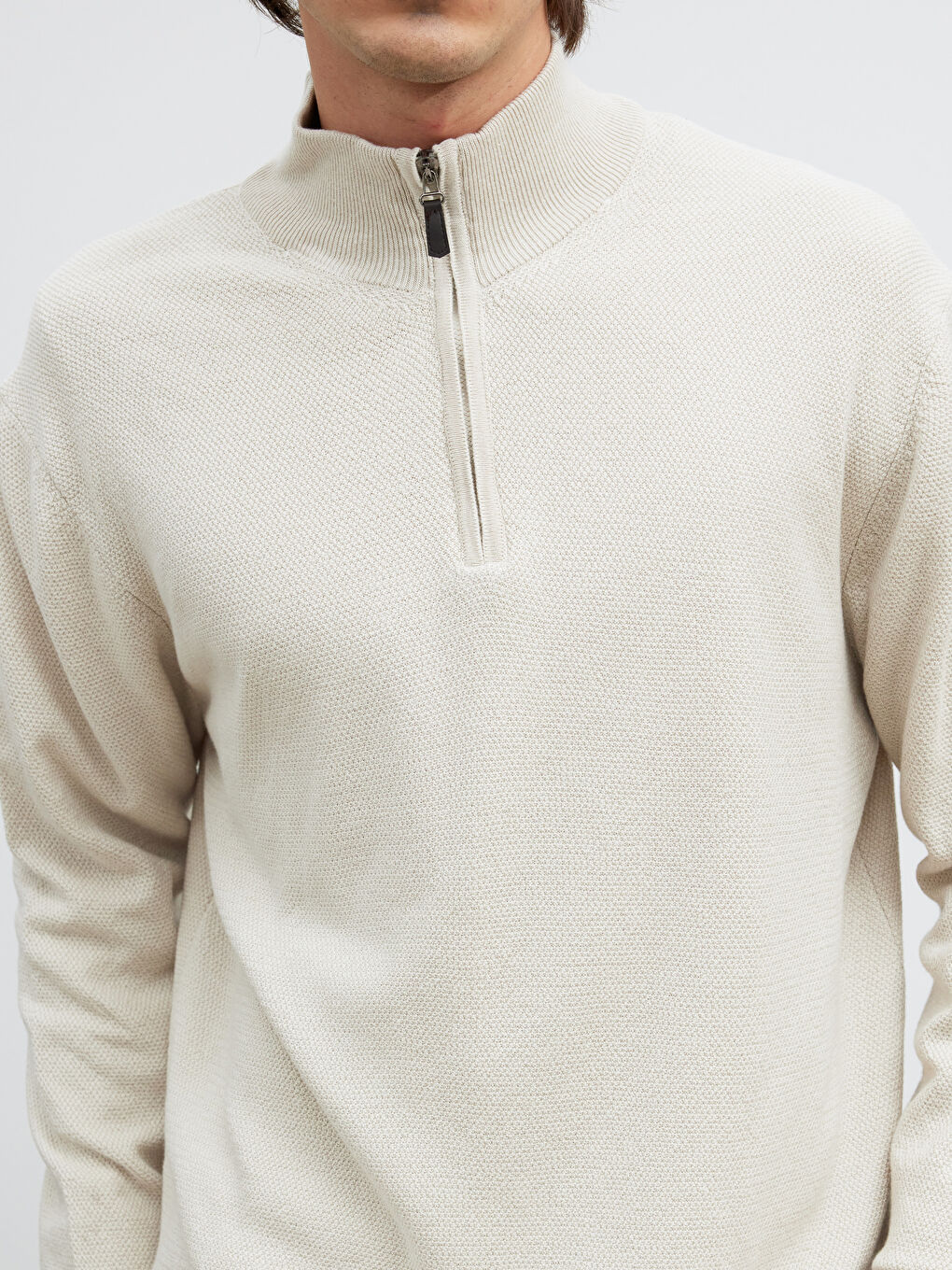 Bej Dik Yaka Erkek Triko Kazak-2