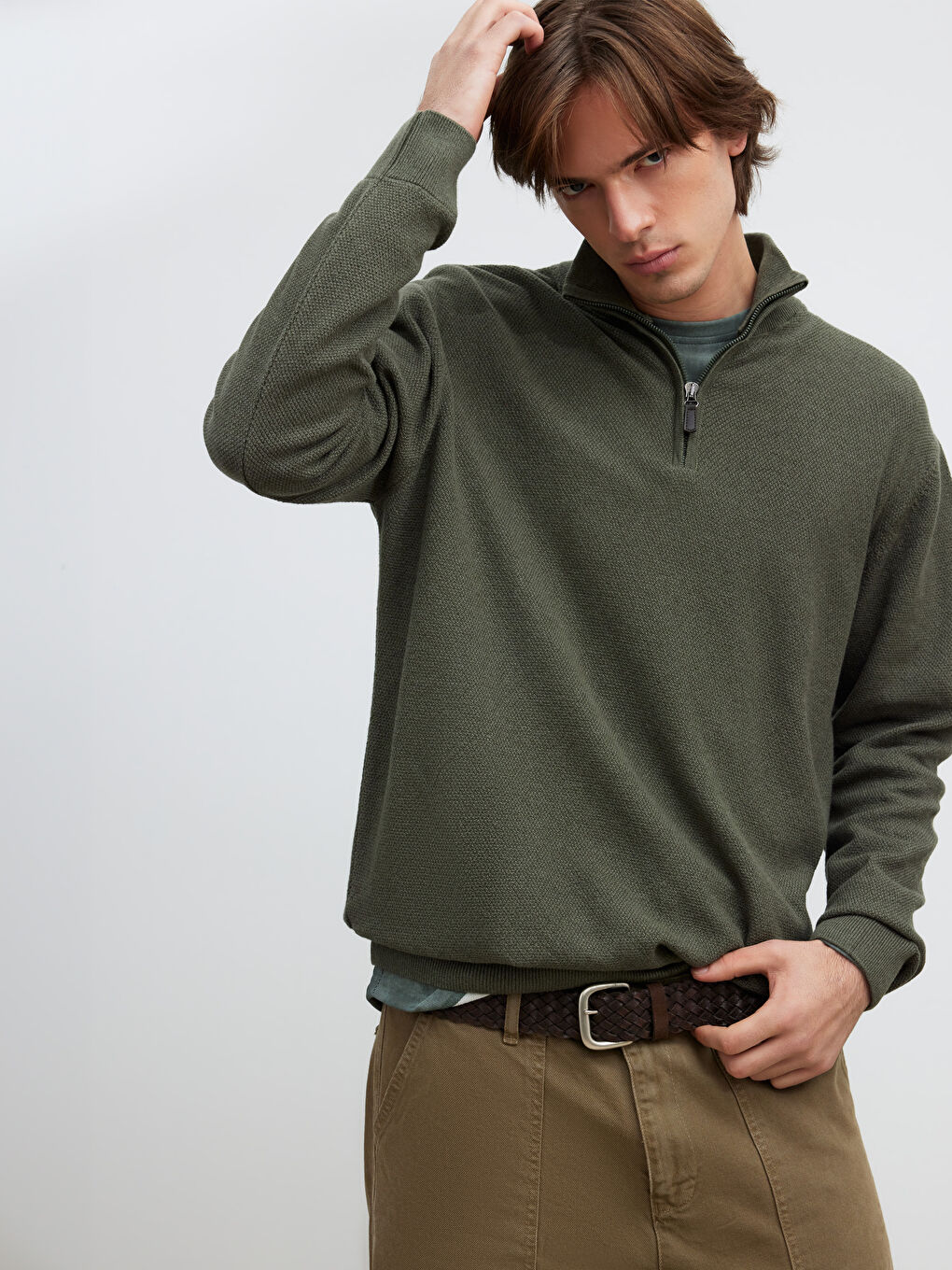 Yeşil Dik Yaka Erkek Triko Kazak