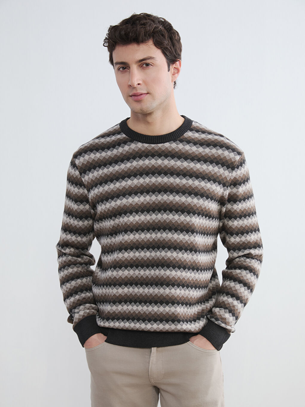 Antrasit Bisiklet Yaka Desenli Erkek Triko Kazak