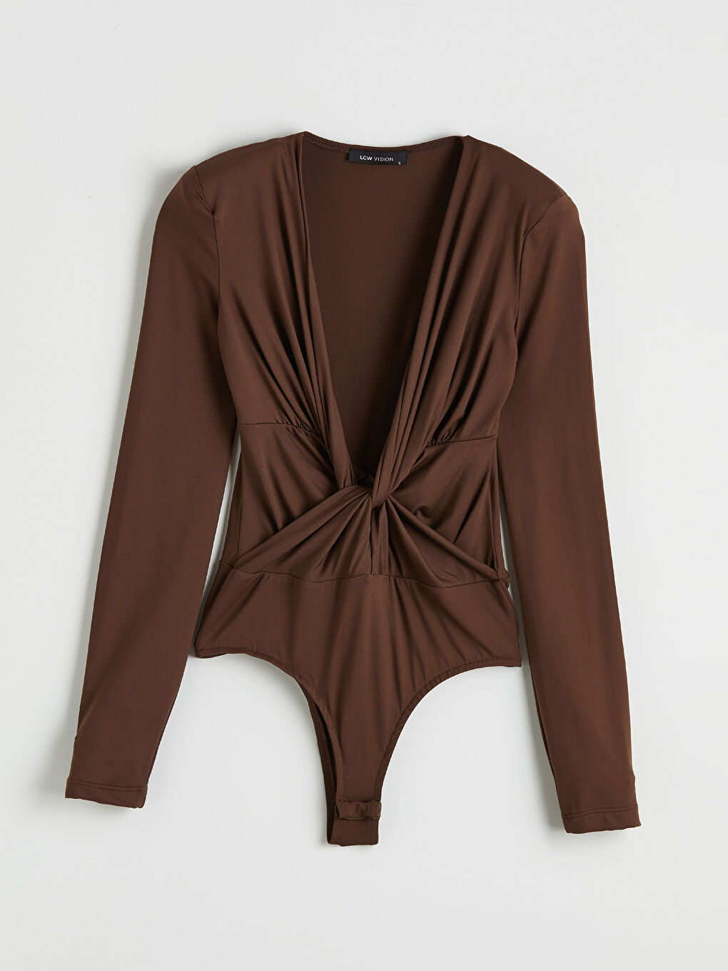 Kahverengi Kruvaze Yaka Büzgülü Bodysuit	-4