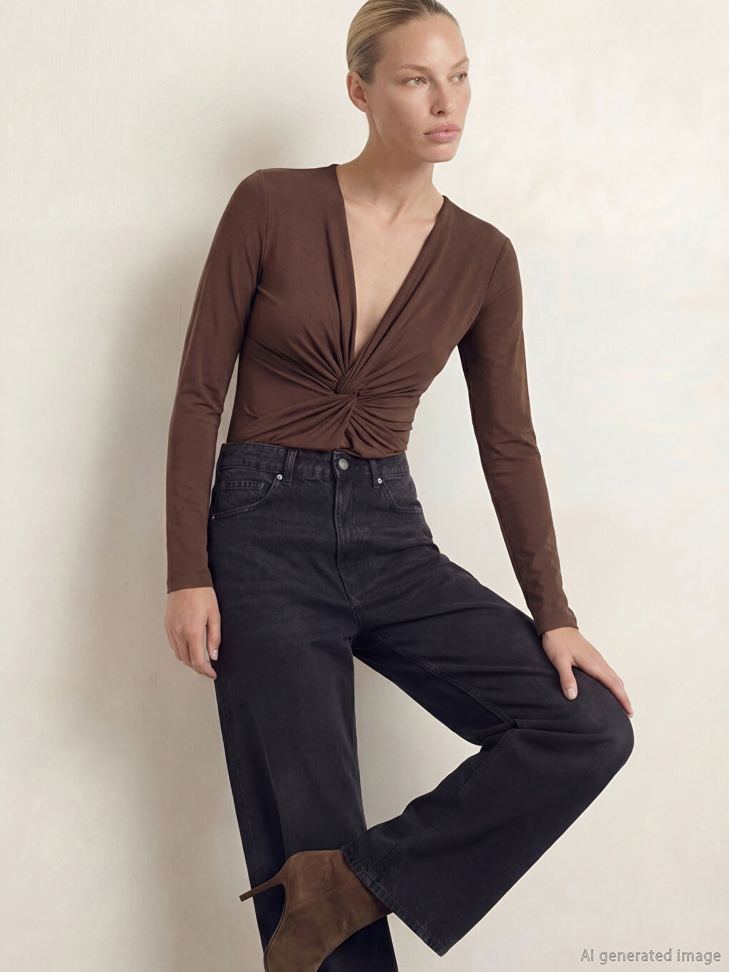 Kahverengi Kruvaze Yaka Büzgülü Bodysuit	-1