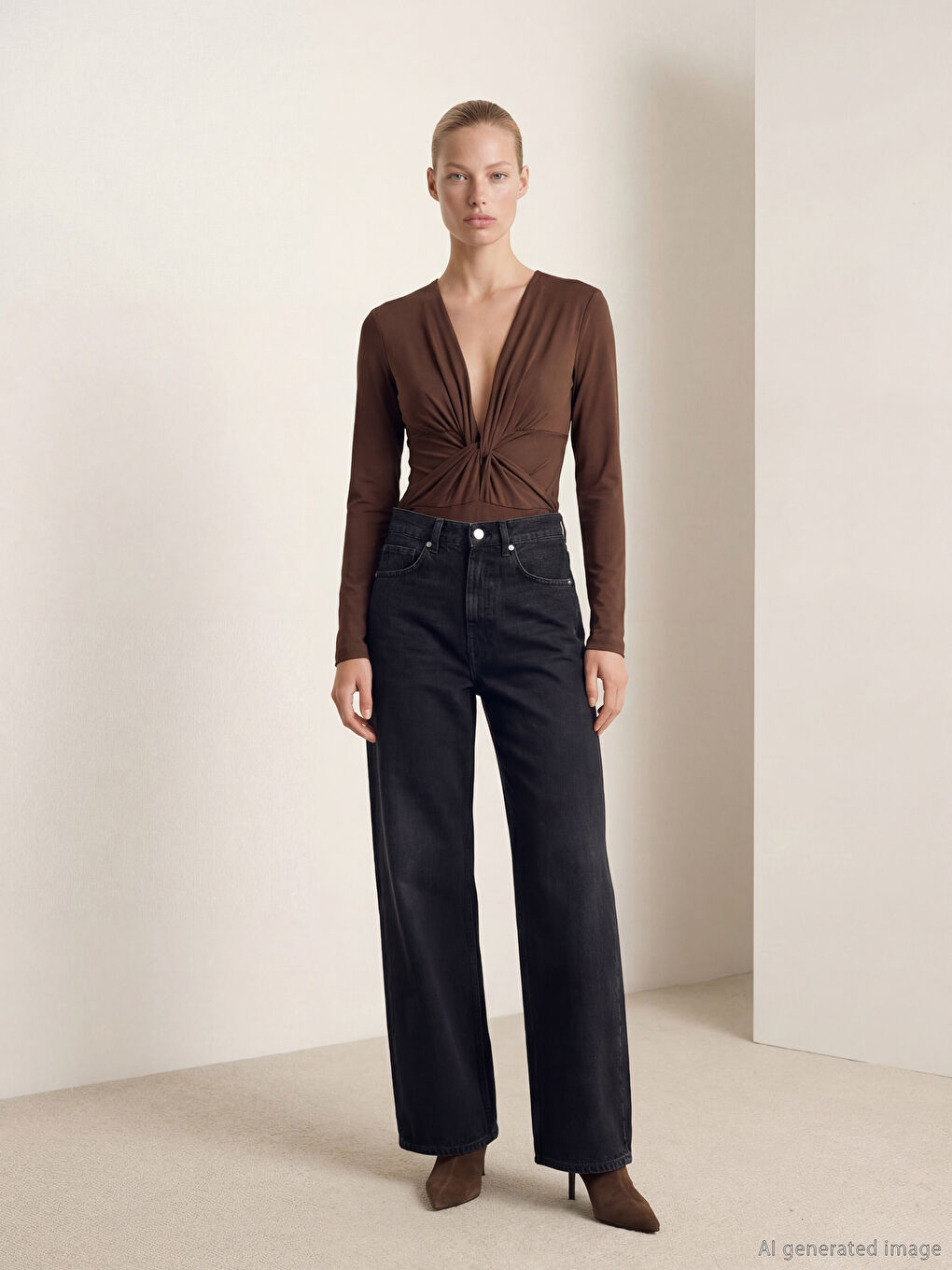 Kahverengi Kruvaze Yaka Büzgülü Bodysuit	-2