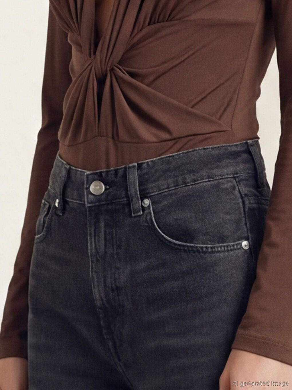 Kahverengi Kruvaze Yaka Büzgülü Bodysuit	-4