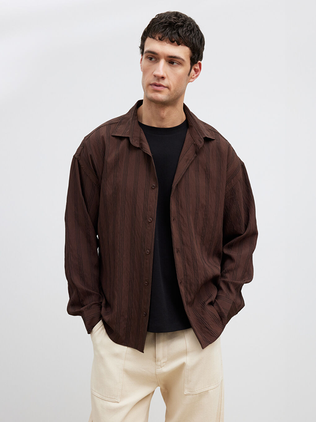 Kahverengi Regular Fit Çizgili Erkek Gömlek