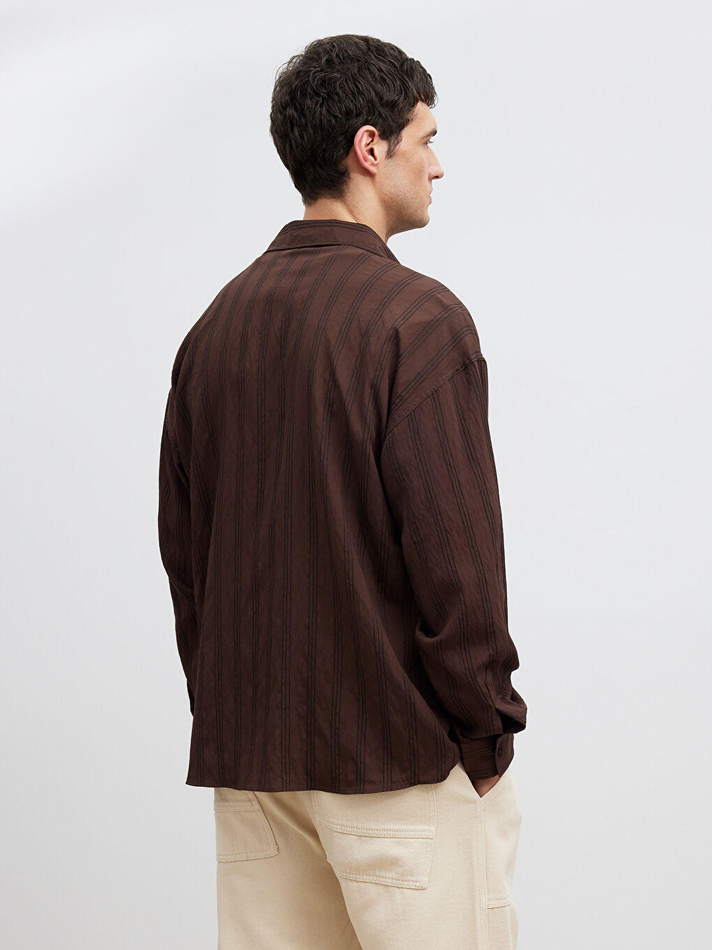 Kahverengi Regular Fit Çizgili Erkek Gömlek-3