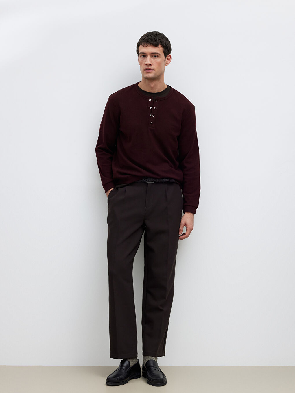 Bordo Bisiklet Yaka Erkek Düğmeli Tişört-1