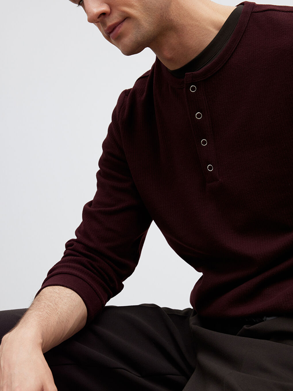 Bordo Bisiklet Yaka Erkek Düğmeli Tişört-2