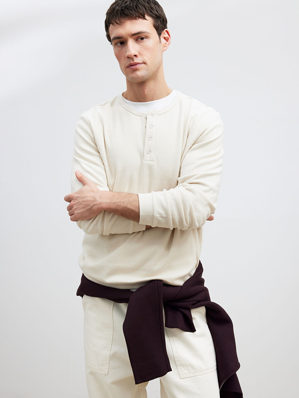 Ekru Bisiklet Yaka Erkek Düğmeli Tişört