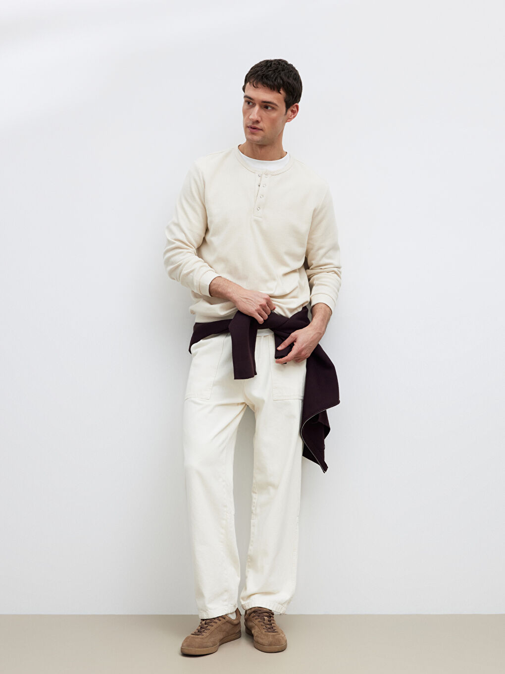 Ekru Bisiklet Yaka Erkek Düğmeli Tişört-1