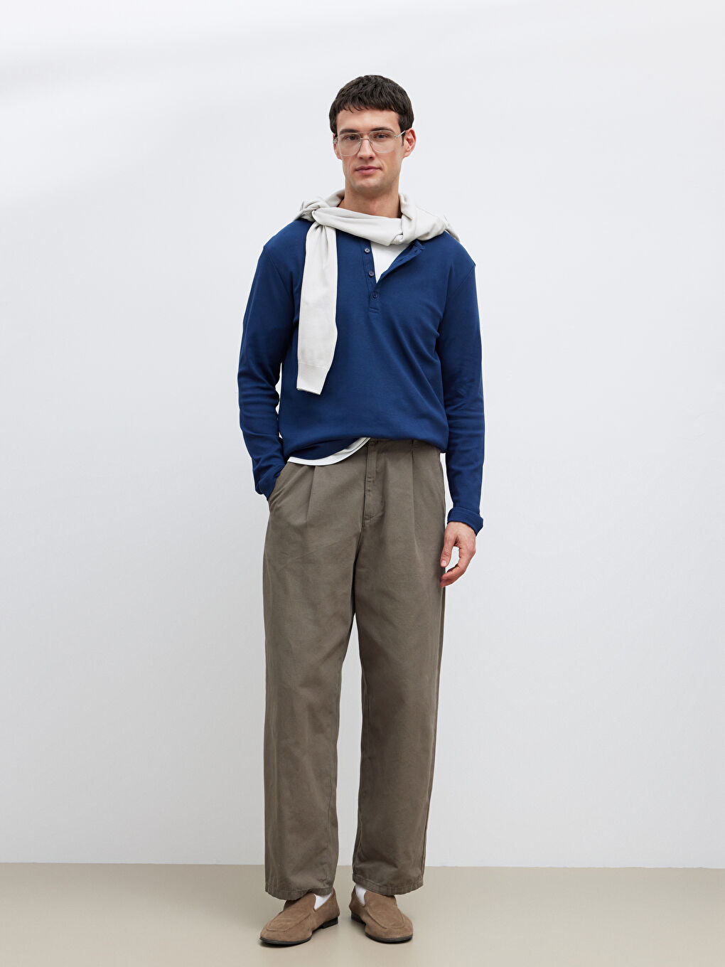 İndigo Düğmeli Bisiklet Yaka Yaka Uzun Kollu Erkek Tişört-1