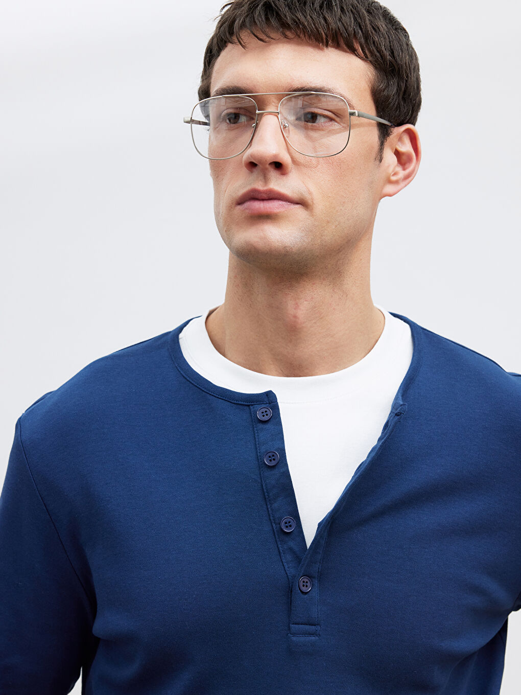 İndigo Düğmeli Bisiklet Yaka Yaka Uzun Kollu Erkek Tişört-2