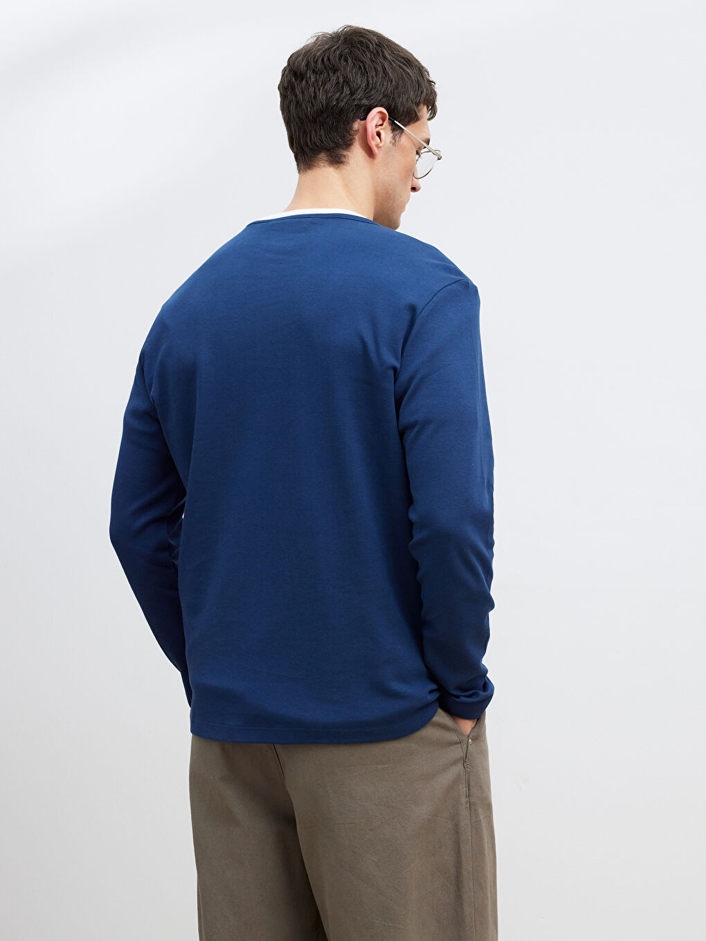 İndigo Düğmeli Bisiklet Yaka Yaka Uzun Kollu Erkek Tişört-3