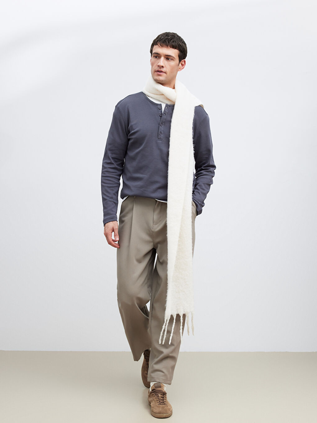 Antrasit Düğmeli Bisiklet Yaka Yaka Uzun Kollu Erkek Tişört-1