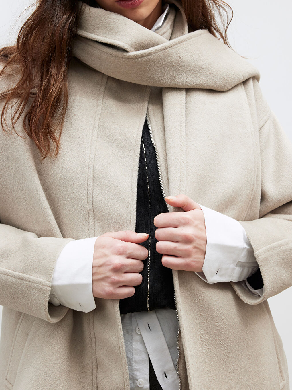 Bej Çıkarılabilir Şal Yaka Kadın Kaşe Kaban-2