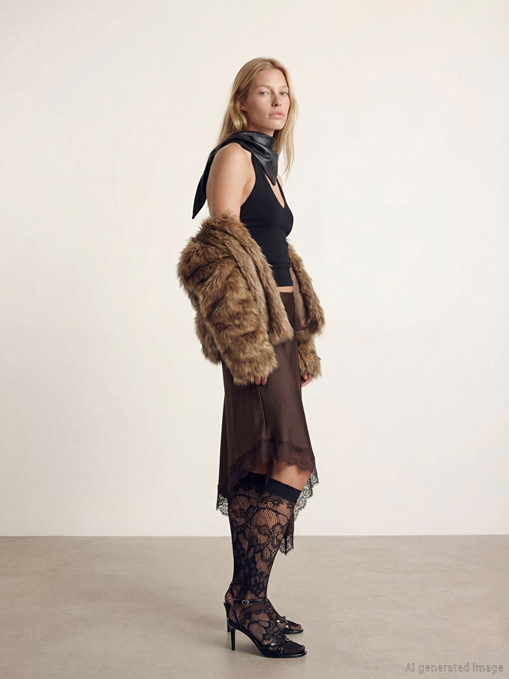 Kahverengi Dantel Detaylı Asimetrik Kesim Saten Etek