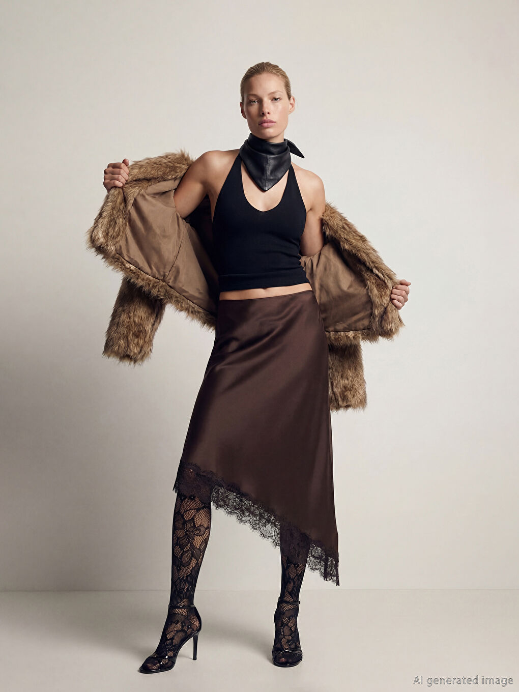 Kahverengi Dantel Detaylı Asimetrik Kesim Saten Etek-1