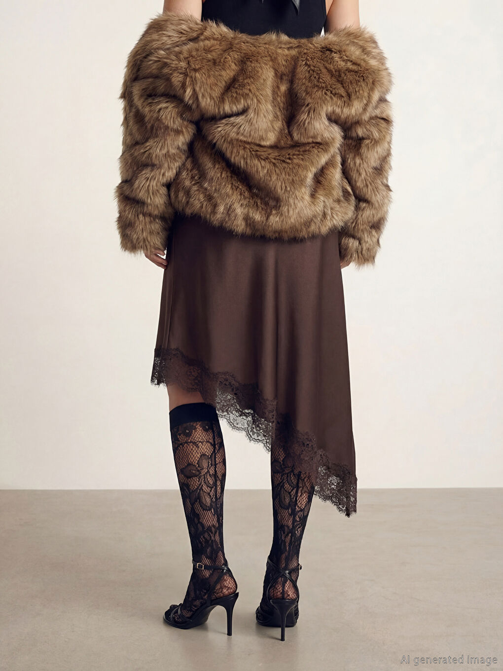 Kahverengi Dantel Detaylı Asimetrik Kesim Saten Etek-2