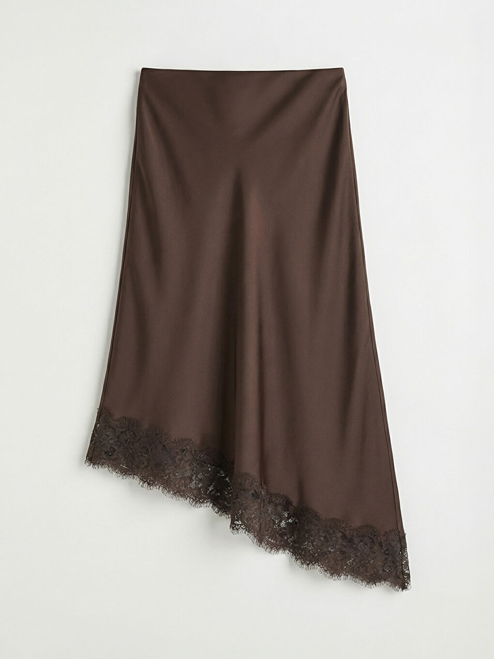 Kahverengi Dantel Detaylı Asimetrik Kesim Saten Etek-3