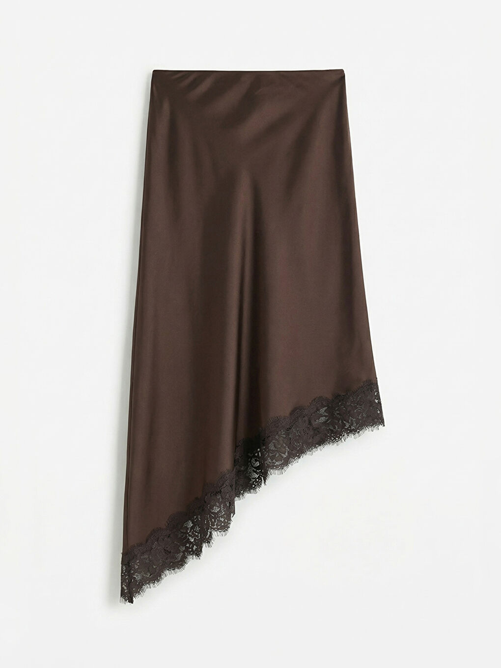 Kahverengi Dantel Detaylı Asimetrik Kesim Saten Etek-4
