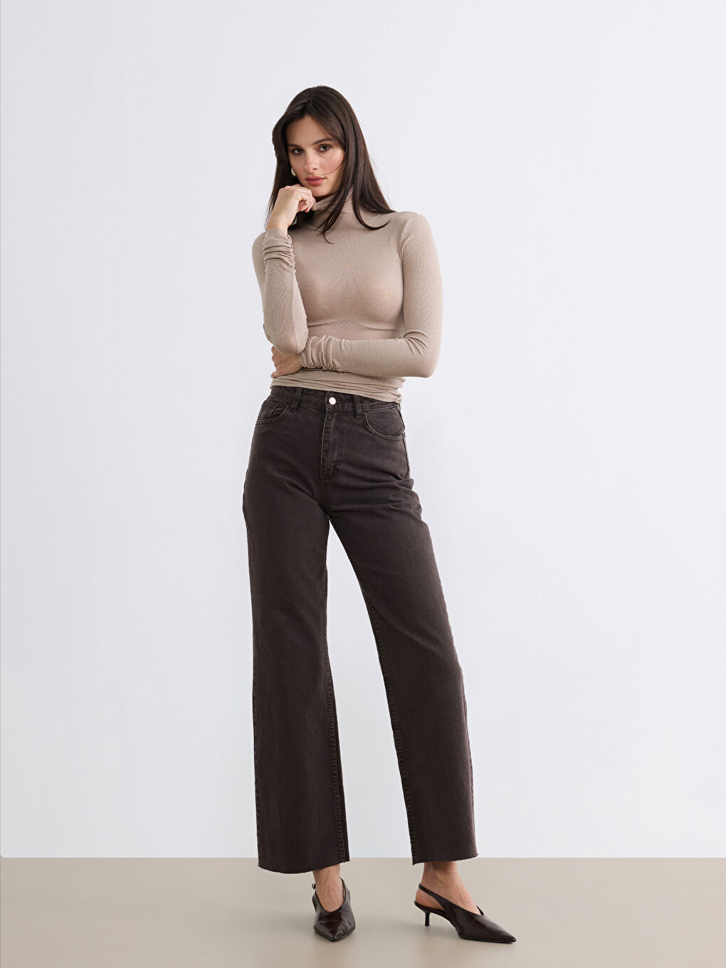 Kahverengi Wideleg Kadın Jean Pantolon