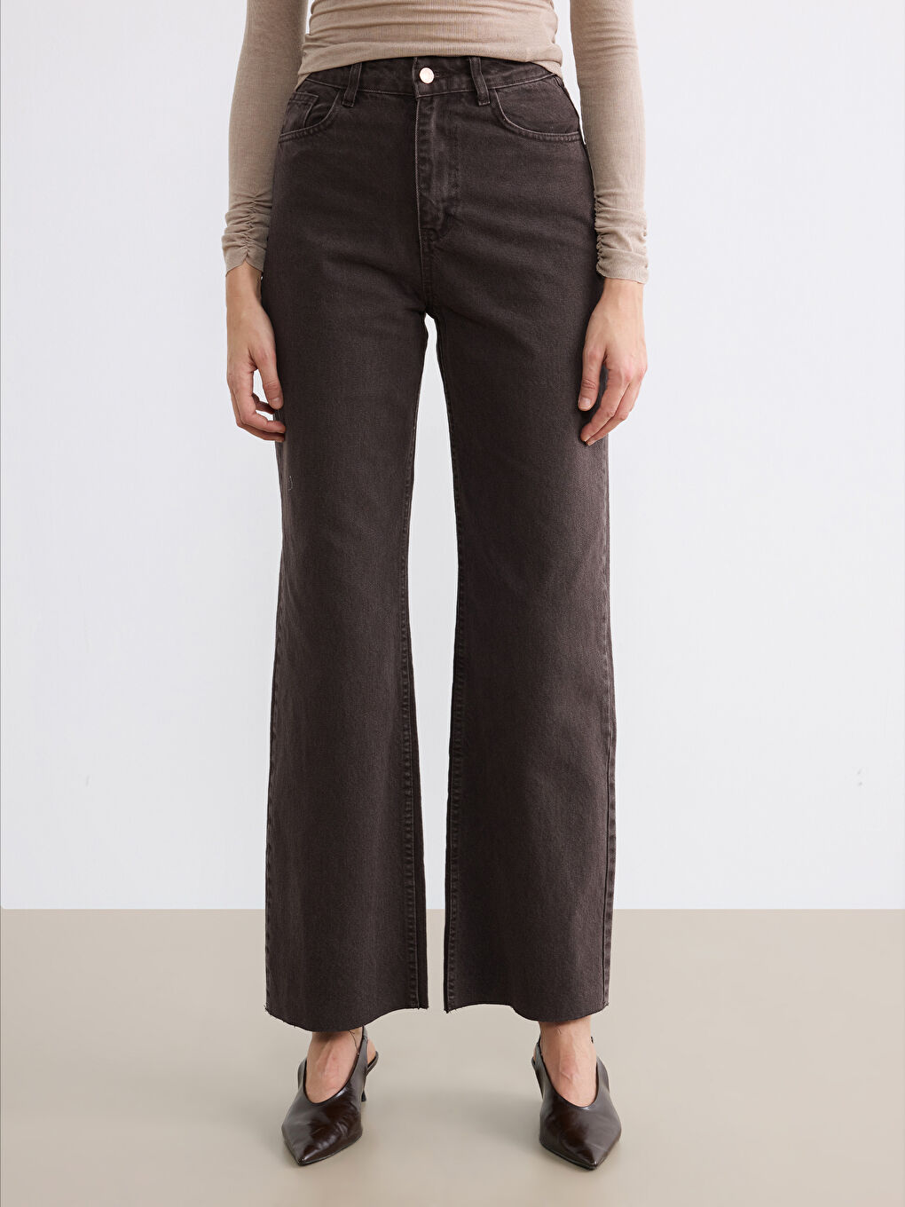 Kahverengi Wideleg Kadın Jean Pantolon-1