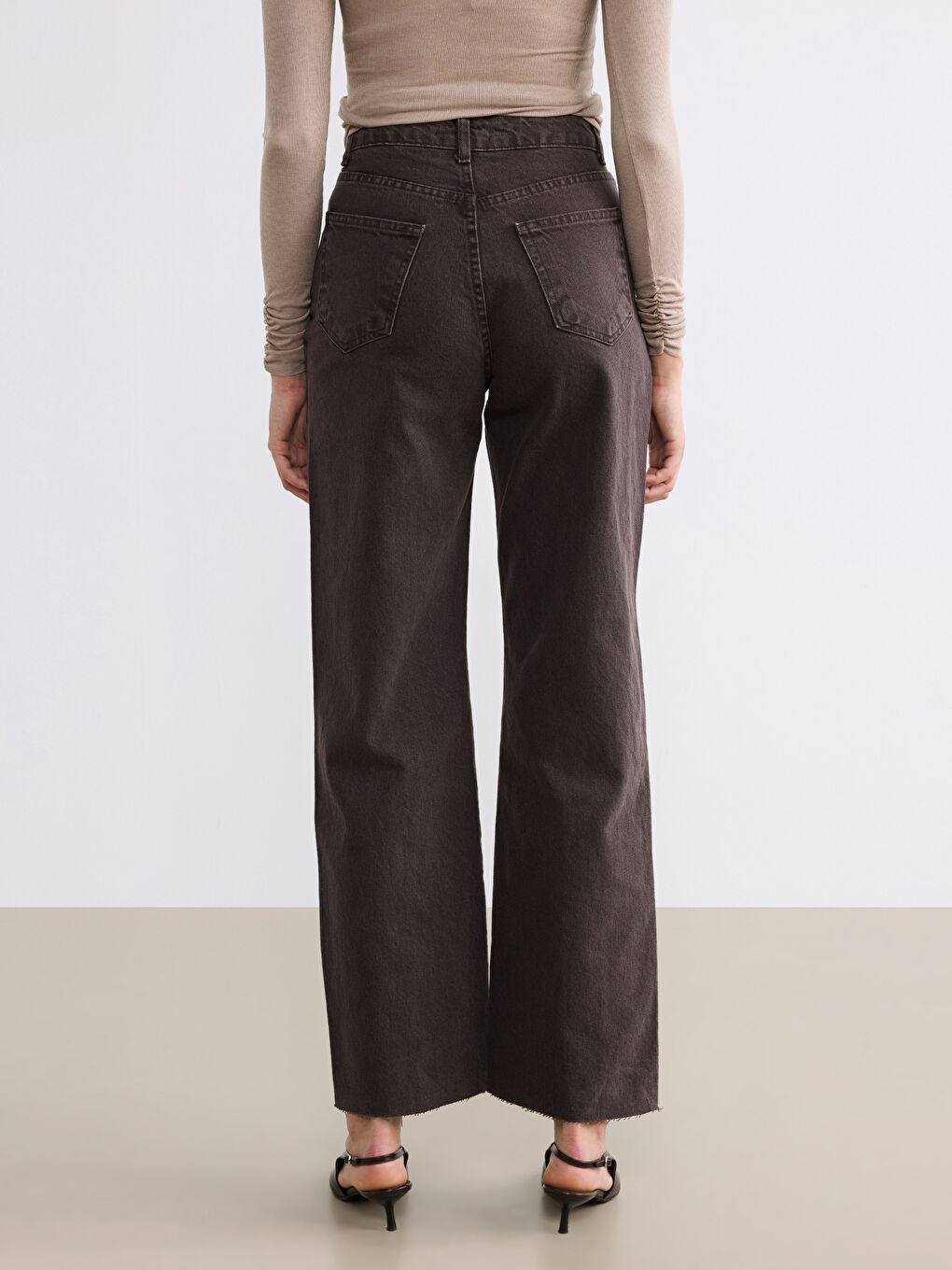 Kahverengi Wideleg Kadın Jean Pantolon-3