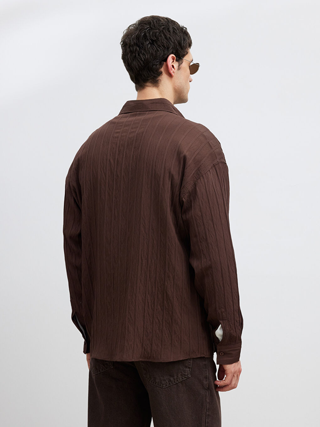 Kahverengi Regular Fit Çizgili Erkek Gömlek-3