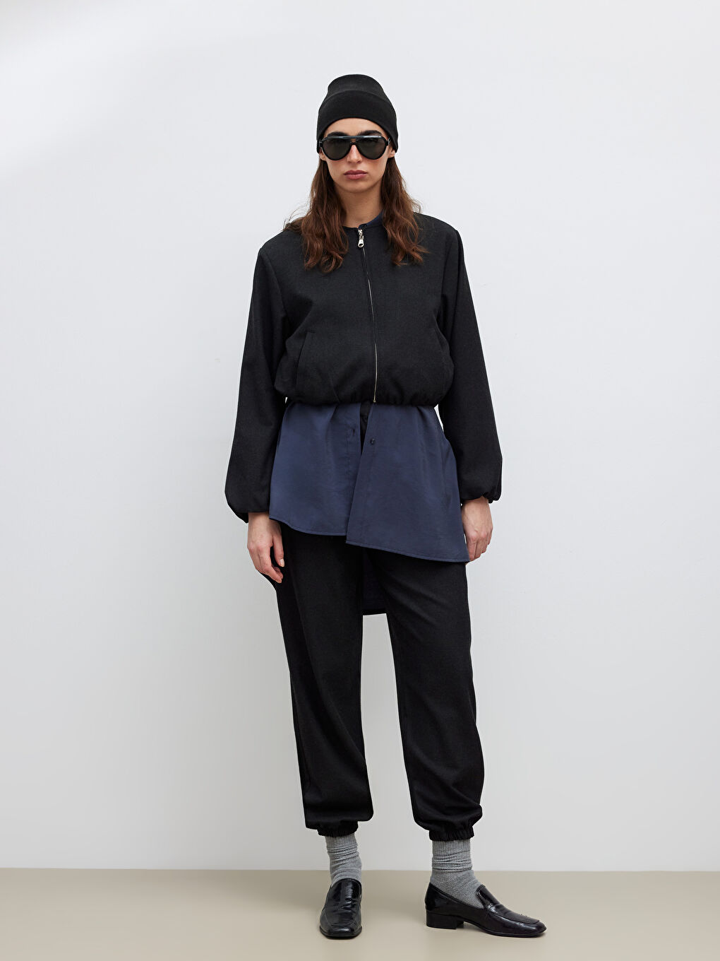 Antrasit Bisiklet Yaka Crop Kadın Kaşe Ceket	-1