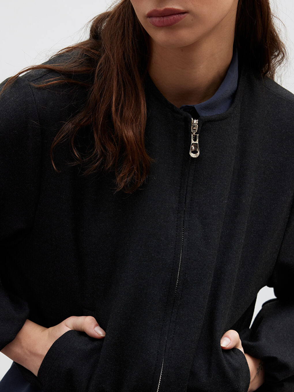 Antrasit Bisiklet Yaka Crop Kadın Kaşe Ceket	-2