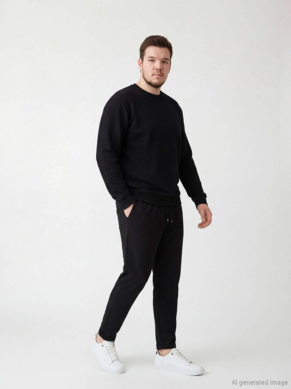 Siyah Bisiklet Yaka Dokulu Erkek Sweatshirt-1
