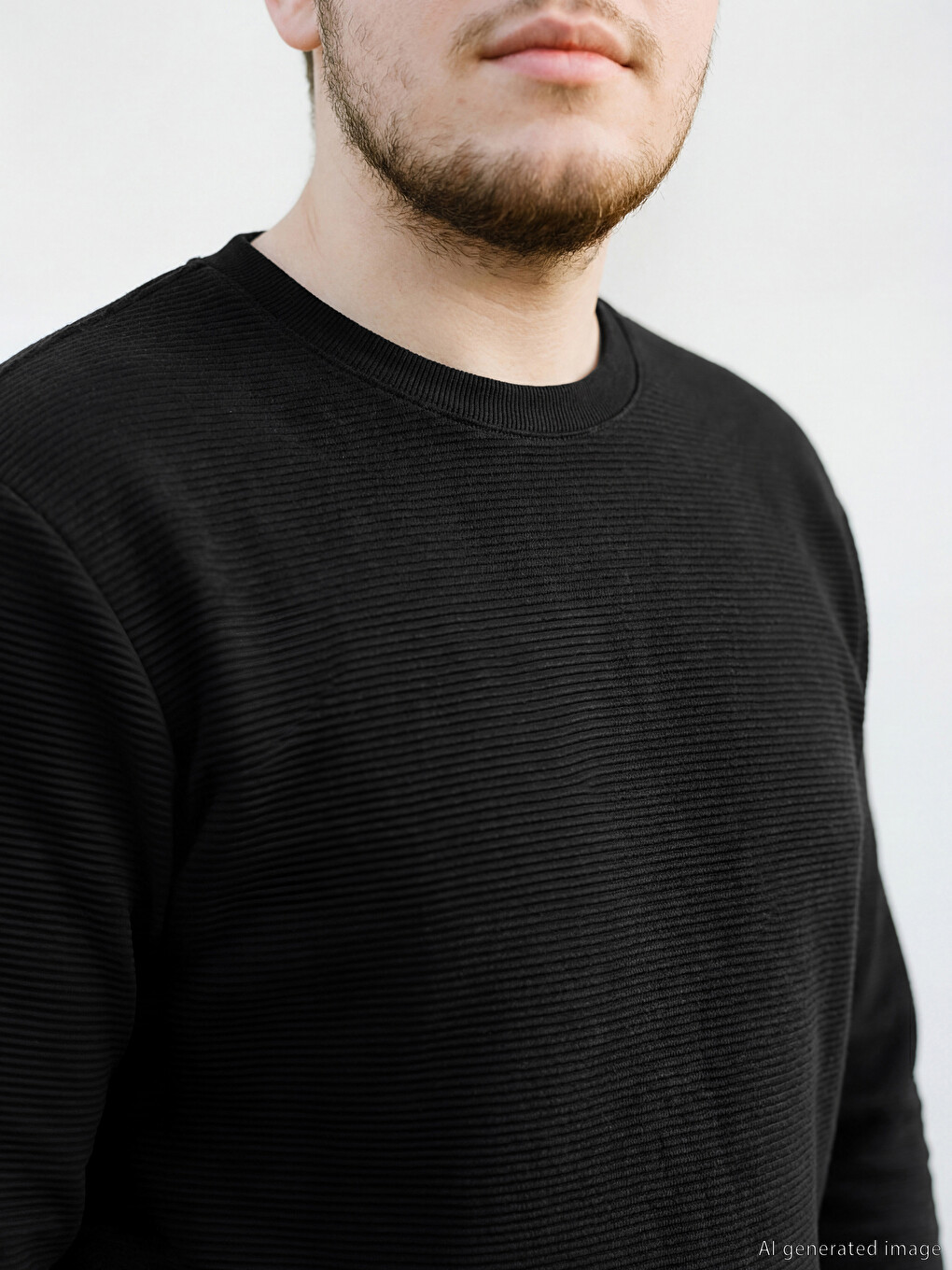 Siyah Bisiklet Yaka Dokulu Erkek Sweatshirt-2