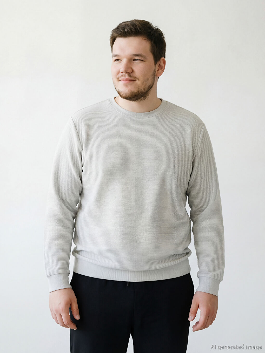 Gri Bisiklet Yaka Uzun Kollu Dokulu Erkek Sweatshirt