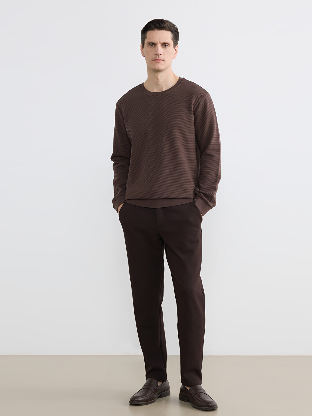 Kahverengi Bisiklet Yaka Uzun Kollu Fitilli Erkek Sweatshirt-1