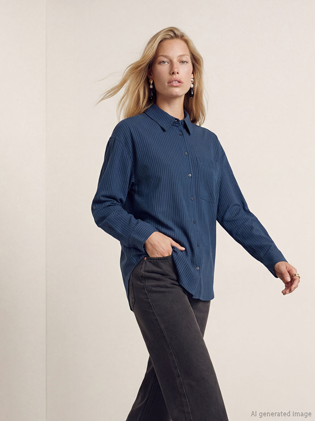 Lacivert Çizgili Modal Karışımlı Kadın Gömlek	
