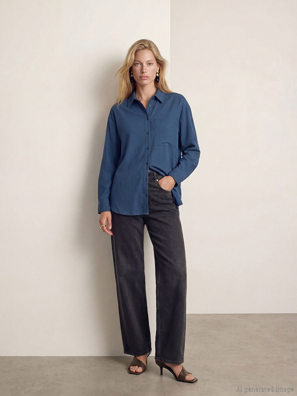 Lacivert Çizgili Modal Karışımlı Kadın Gömlek	-1