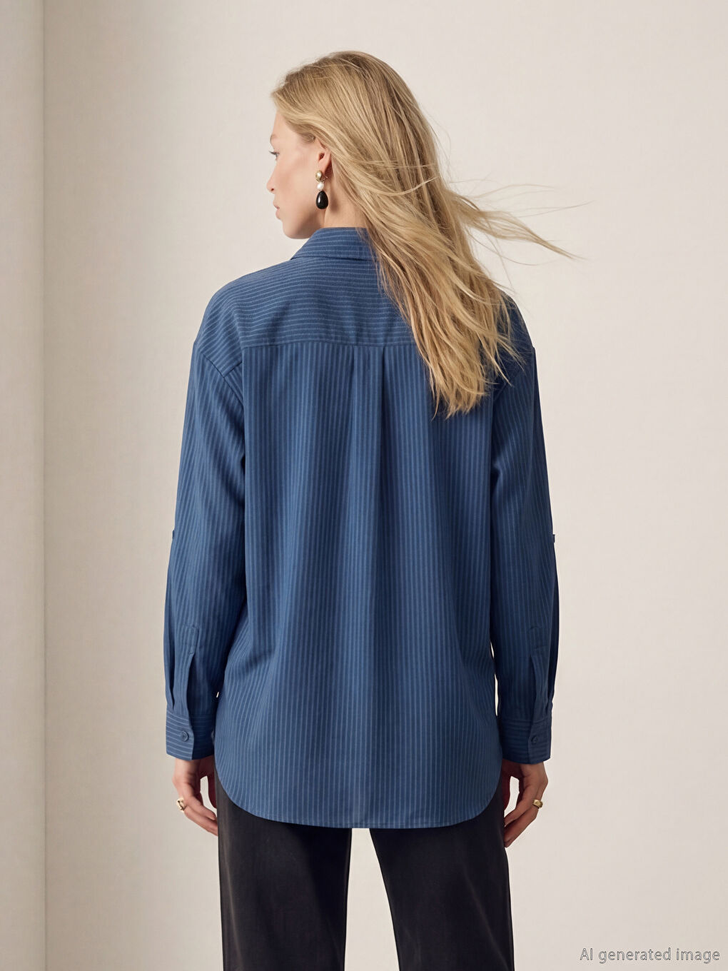 Lacivert Çizgili Modal Karışımlı Kadın Gömlek	-3