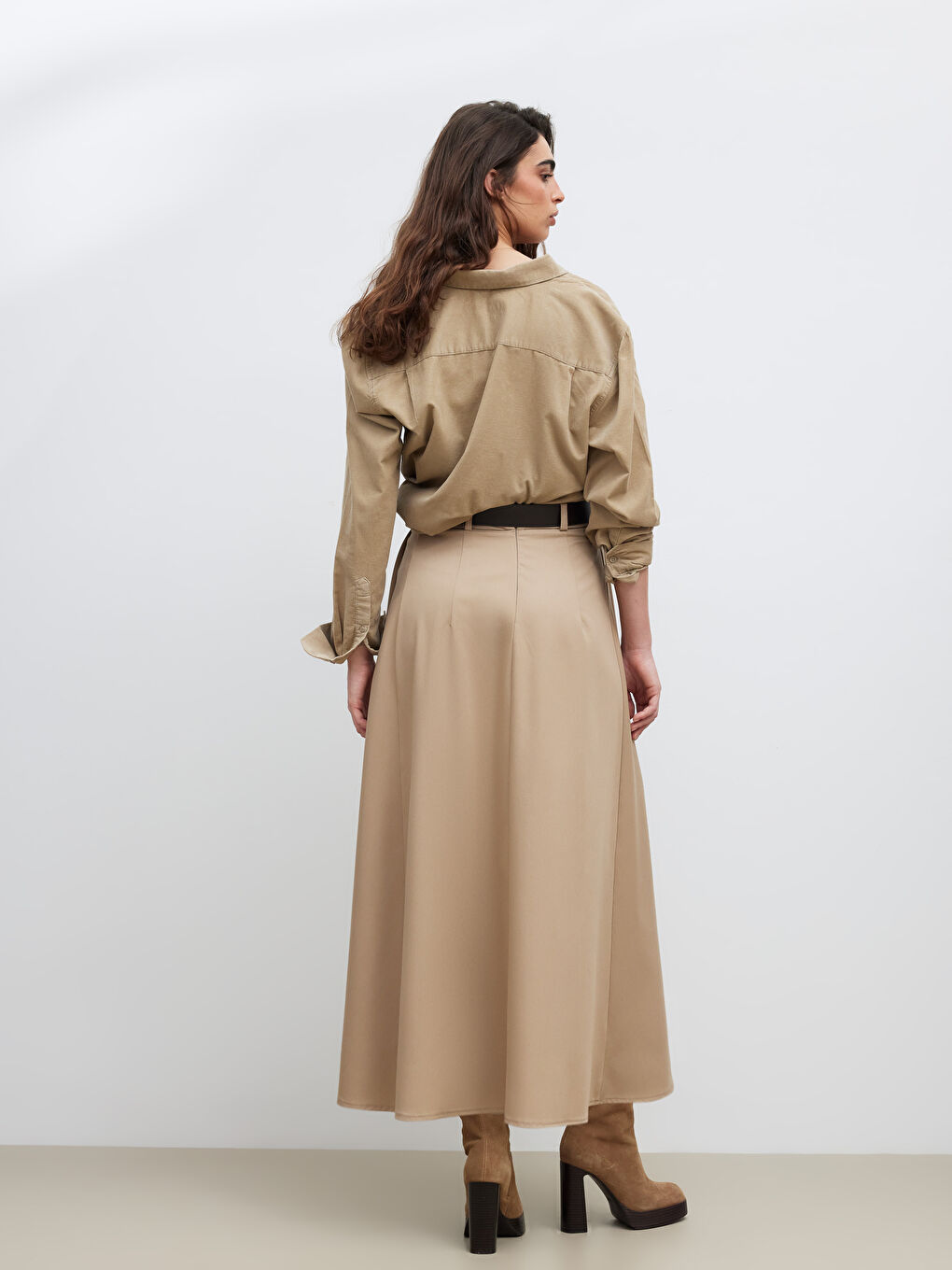 Bej Beli Kemerli Pileli Etek-3