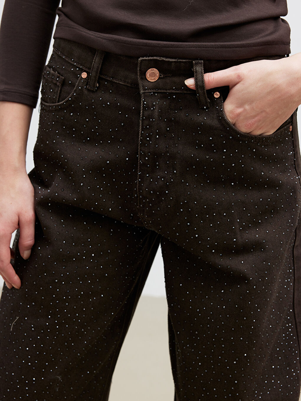 Kahverengi Taşlı Baggy Fit Kadın Jean Pantolon	-2