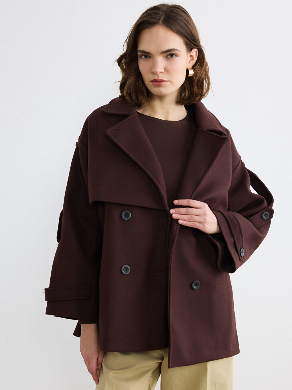 Kahverengi Kruvaze Yaka Oversize Kadın Kaşe Kaban	