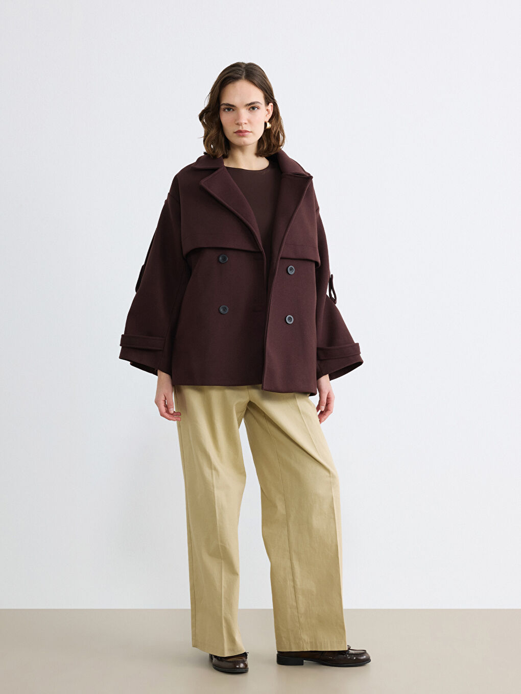 Kahverengi Kruvaze Yaka Oversize Kadın Kaşe Kaban	-3