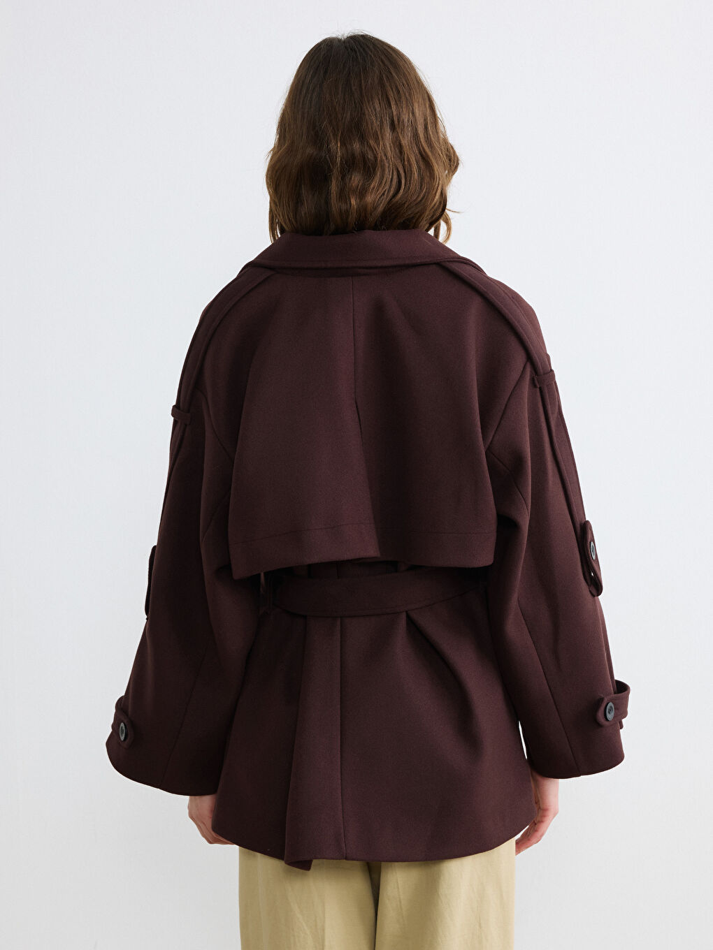 Kahverengi Kruvaze Yaka Oversize Kadın Kaşe Kaban	-8