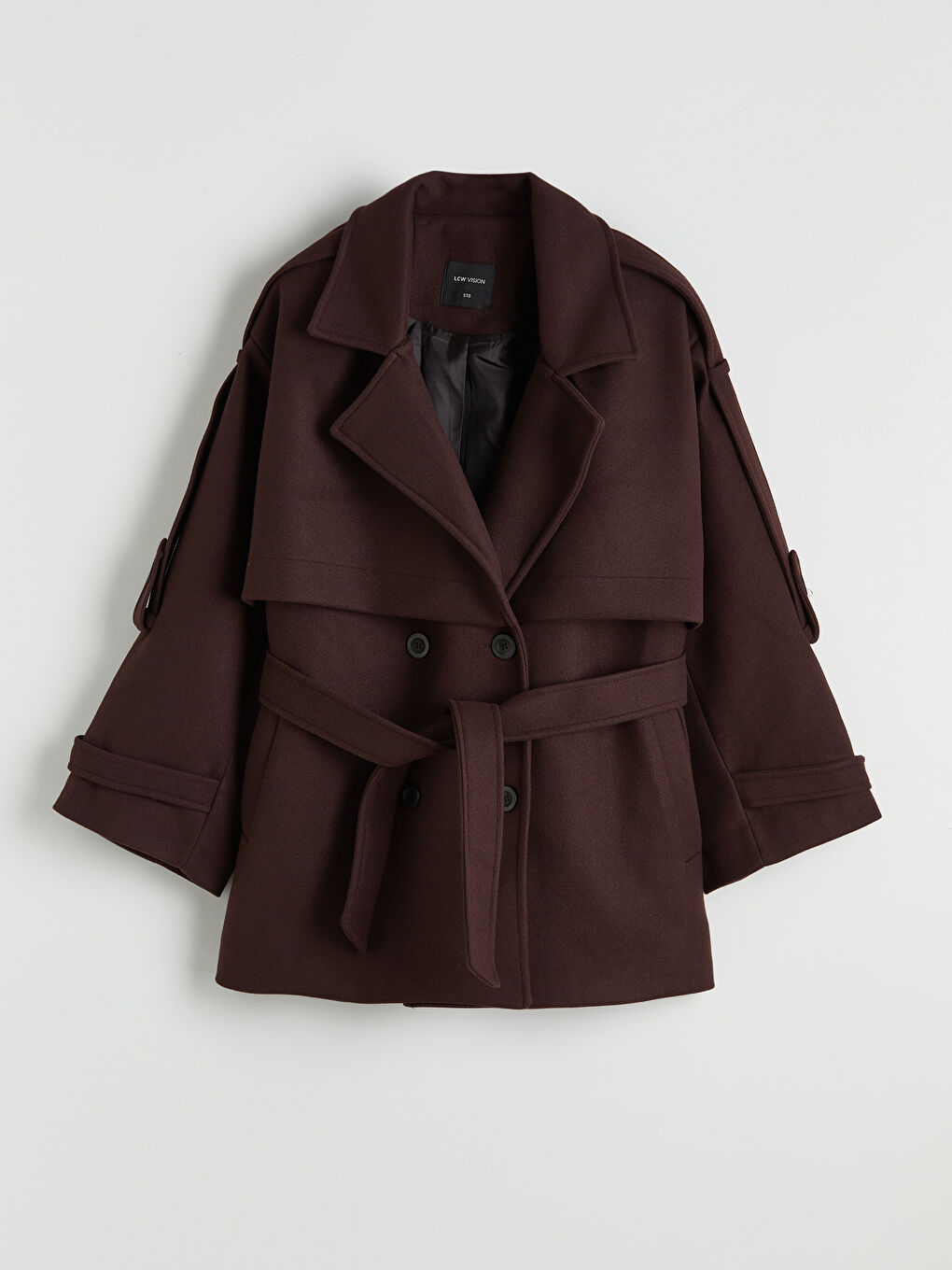 Kahverengi Kruvaze Yaka Oversize Kadın Kaşe Kaban	-9