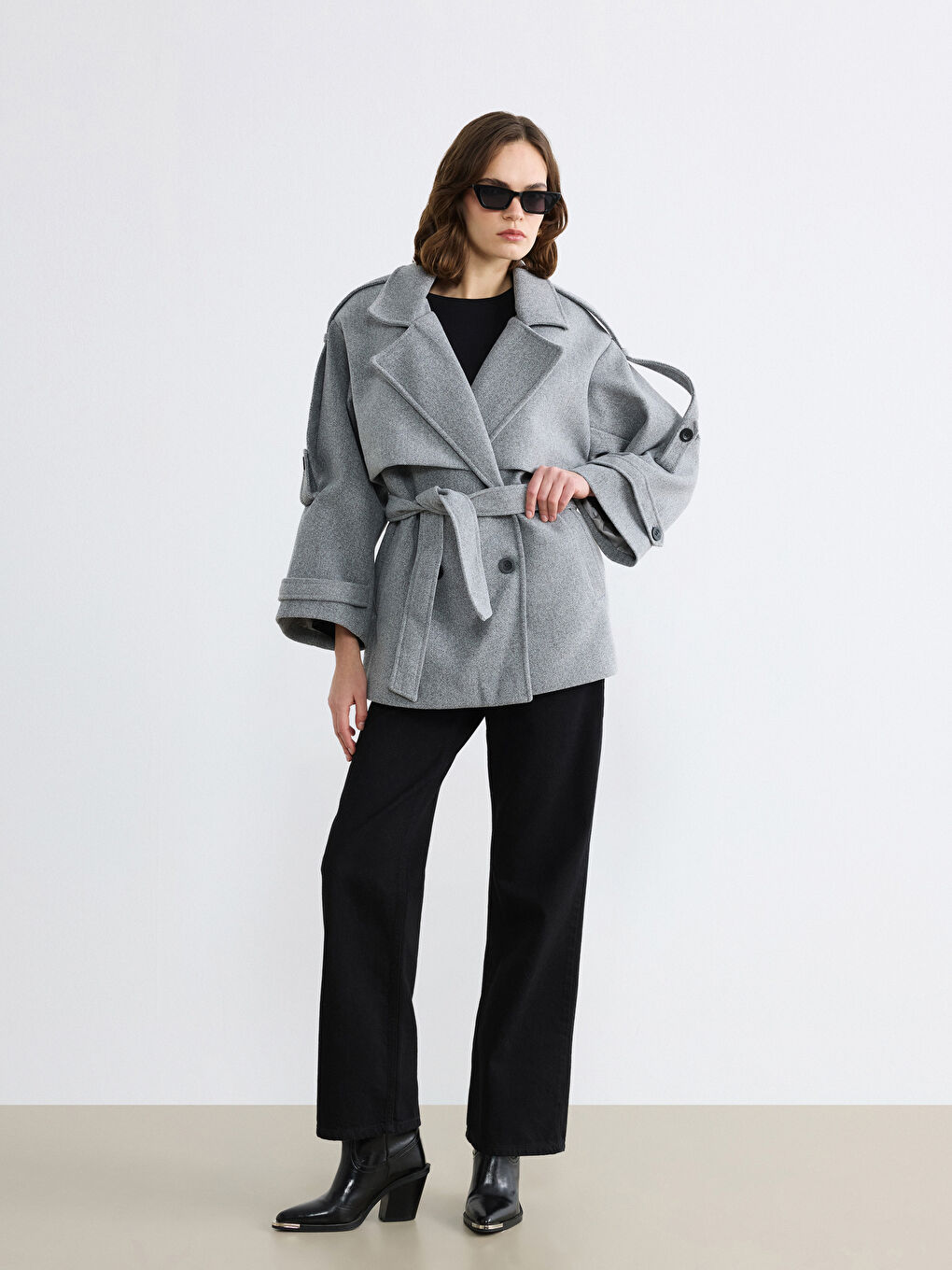 Gri Kruvaze Yaka Oversize Kadın Kaşe Kaban	-3