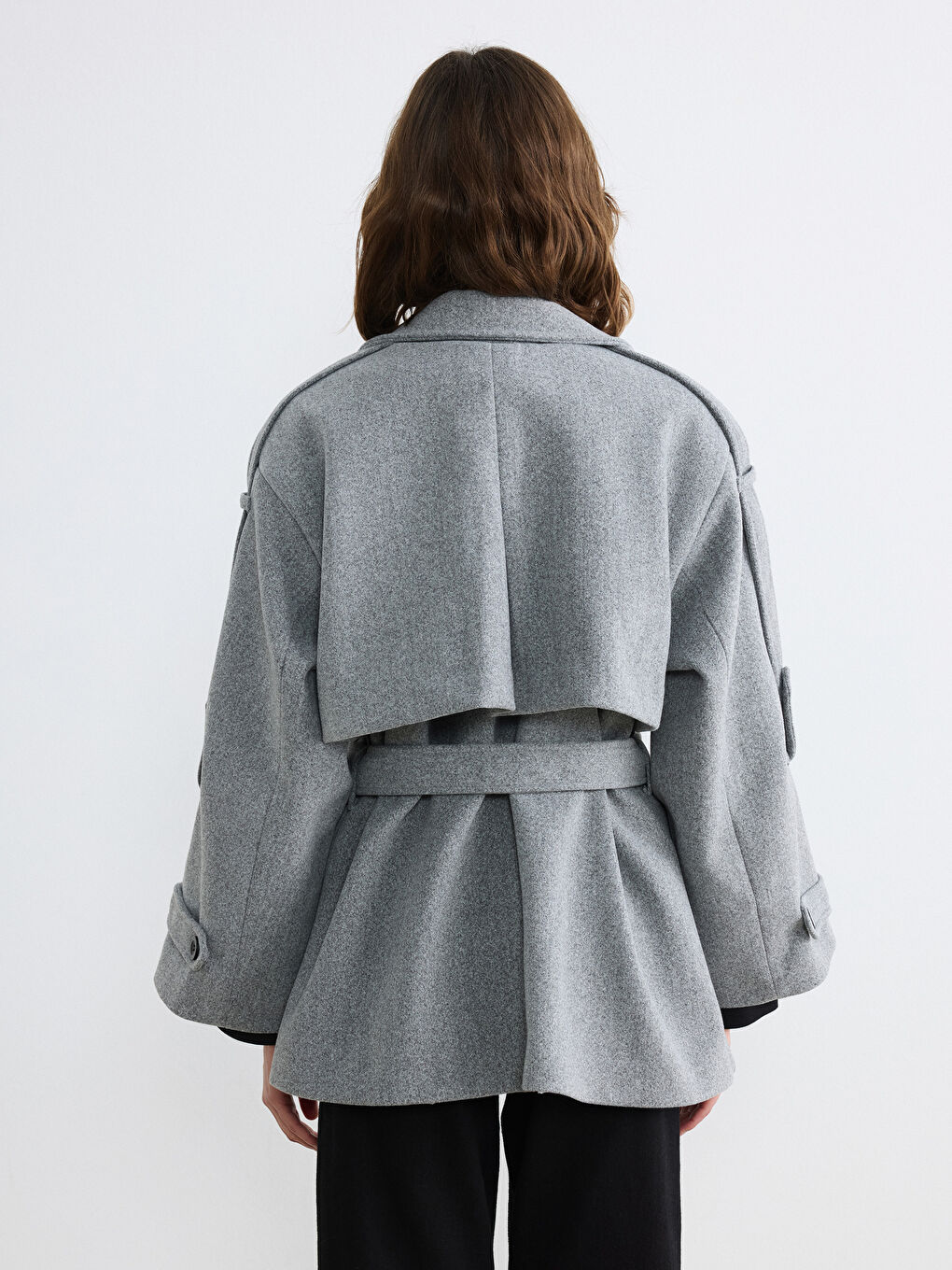 Gri Kruvaze Yaka Oversize Kadın Kaşe Kaban	-8