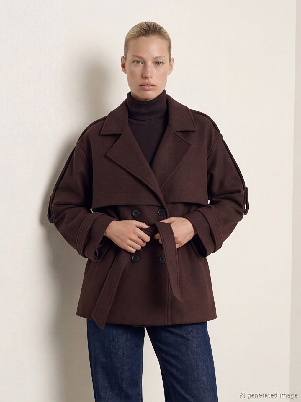 Kahverengi Kruvaze Yaka Oversize Kadın Kaşe Kaban	-1