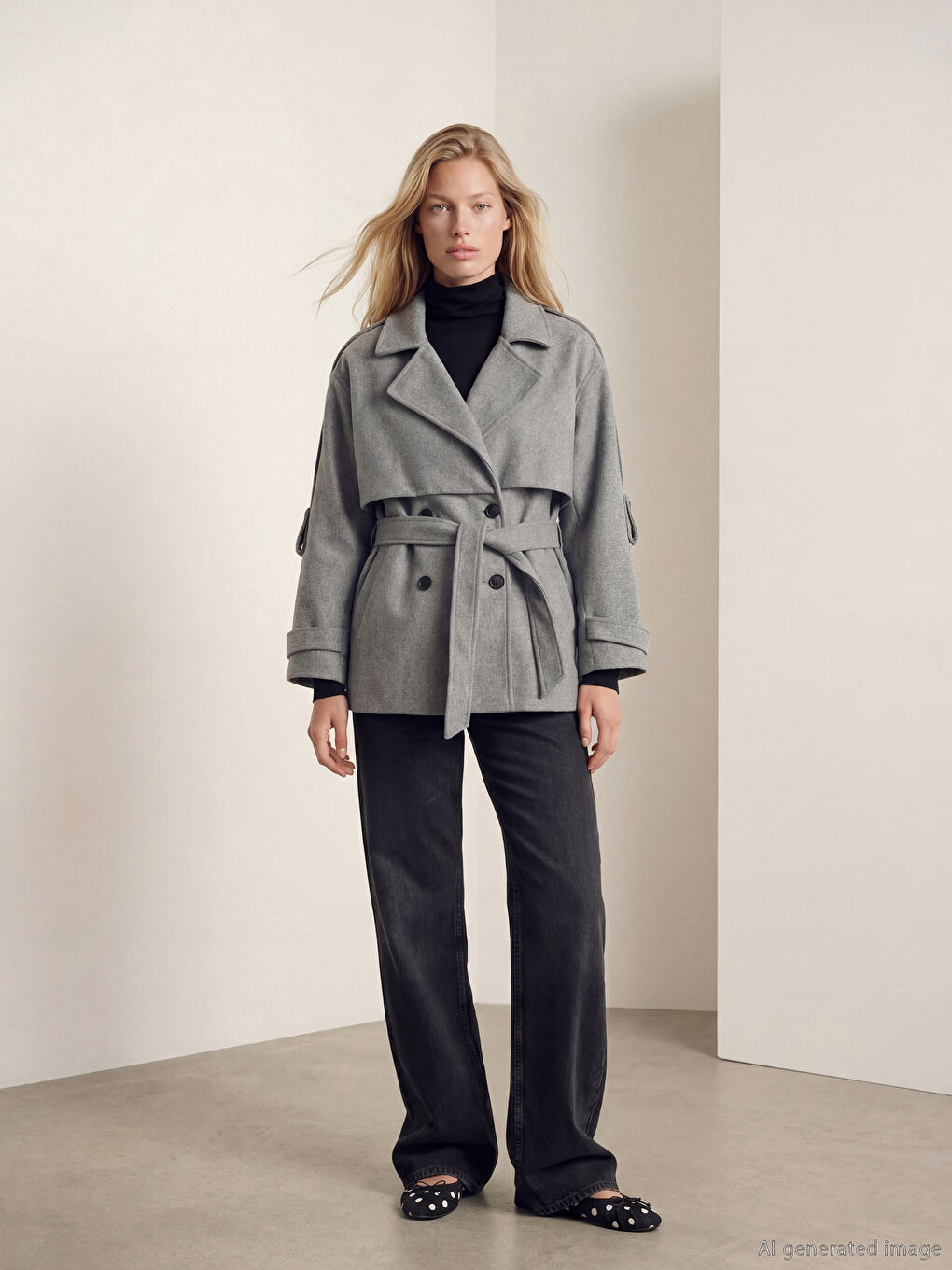 Gri Kruvaze Yaka Oversize Kadın Kaşe Kaban	-2